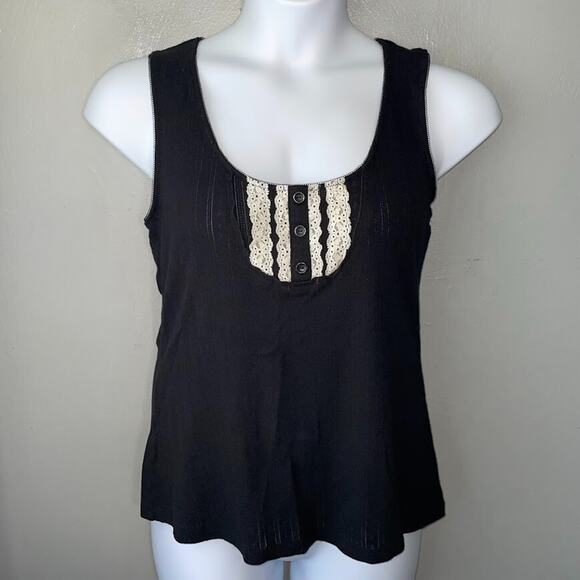 Y2K Womens Size XL Black Cream Lace Trim Knit Tank Top Dark Romantic Boho Goth - Picture 1 of 9